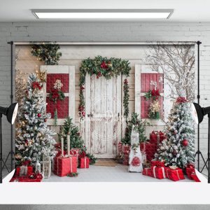 White Winter Cabin Christmas Tree Gifts Backdrop - Aperturee