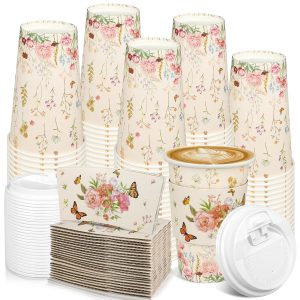 48 Pcs Floral Disposable Coffee Cups With Lids 16Oz Wildflower Paper Drinking Cu