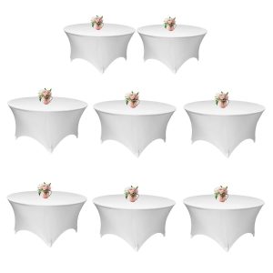 8 Pack 60 Inch White Stretch Table Cover Round - 5Ft Spandex Tablecloth Round Fi