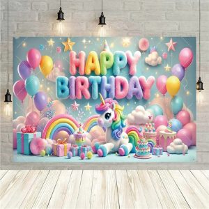 Aperturee Birthday 3D Gifts Unicorn Backdrop, Floating Party Decor, Fun Photo Prop for Celebrations, 5x3ft (