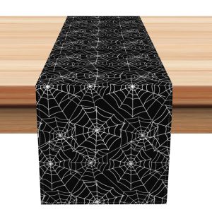 Aperturee Black Spider Web Halloween Theme Table Runner, Full Cobweb Pattern, Spooky Gothic Dining or Party Decoration,