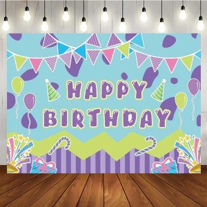 Aperturee Colorful Happy Birthday Party Backdrop for Kids, Candy and Balloons Celebration, Fun Bunting and Gifts Photo Prop, 5x3