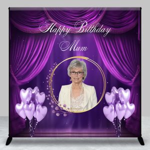 Aperturee Custom Happy Birthday Mum Photo Backdrop, Elegant Purple Drapes and Balloons, Personalized Gift for Mom Decor, 3x3ft (W