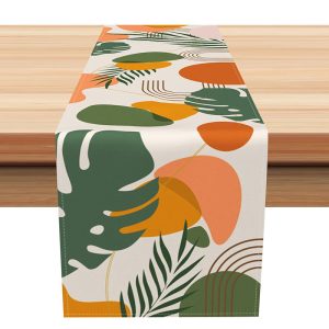 Aperturee Modern Geometric and Leaf Pattern Table Runner, Abstract Botanical Greenery, Fresh Farmhouse Kitchen Decor, 12