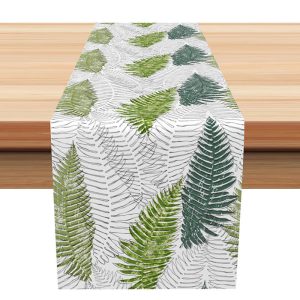 Aperturee Modern Green Leaf Table Runner with Abstract Lines, Minimalist Botanical Design, Fresh and Chic Kitchen Decor, 12