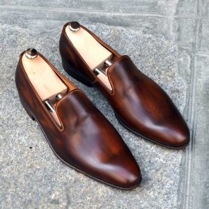Coffee Brown Casual Brown Loafer Slip On Hand Made Genuine Leather Shoes US 7-16