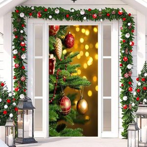 Green Tree Light Gold Bokeh Christmas Door Cover - Aperturee