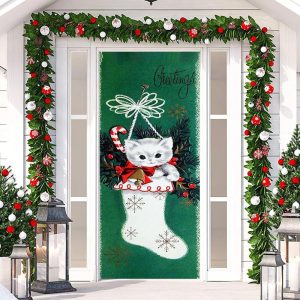 Green White Cat Sock Greetings Christmas Door Cover - Aperturee