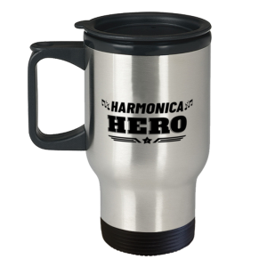 Harmonica Hero Player Travel Mug - 14 oz Insulated Coffee Tumbler For Music