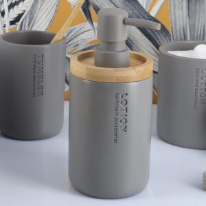 Modern Matte Gray Soap Dispenser with Natural Bamboo Accent - Polyresin Hand Lot
