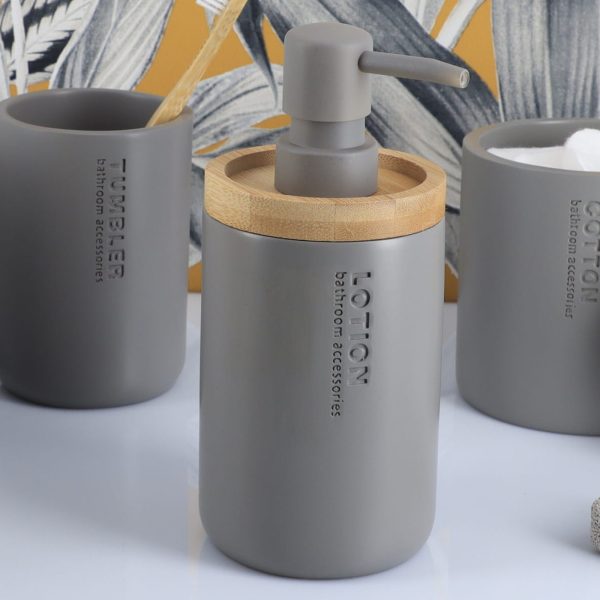 Modern Matte Gray Soap Dispenser with Natural Bamboo Accent - Polyresin Hand Lot