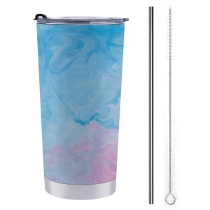 Mondxflaur Blue Pink Texture Steel Thermal Mug Thermos with Straw for Coffee