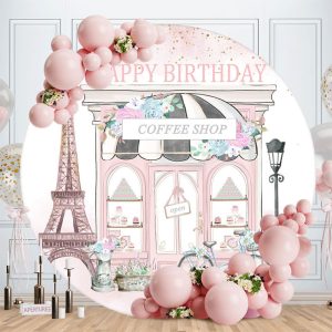 Pink Eiffel Flower Coffee Shop Birthday Backdrop - Aperturee