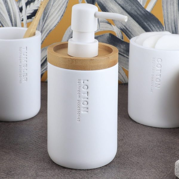 Pure Matte White Soap Dispenser with Natural Bamboo Top - Polyresin Liquid Pump,