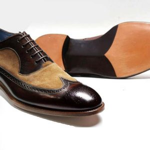 Two Tone Beige Suede Coffee Brown Wing Tip Brogue Toe Real Leather Shoes US 7-16