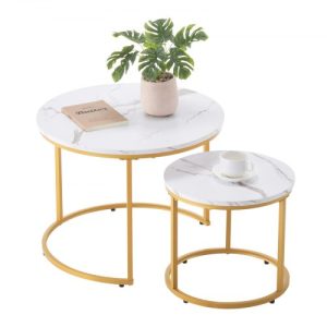 VEVOR Nesting Coffee Table Set of 2, 23.6 in Round Coffee Table, Nesting Tables for Small Place, Vintage End Side Tables Night Stand with Metal Frame, for Living Room, Bedroom, Office (White & Gold)