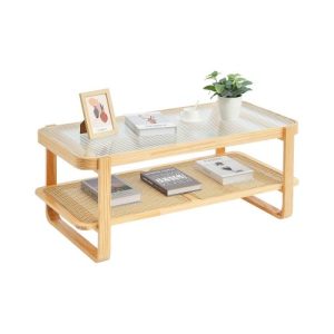 VEVOR Rattan Coffee Table, Rectangle Rattan Woven Wood Mid Century Coffee Table with Tempered Glass Top, 45-Inch Modern Boho Storage Coffee Table with Natural Wood Legs, for Living Room, Bedroom & Small Spaces