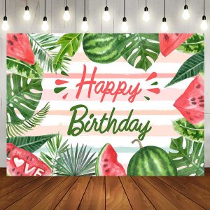 Watermelon Monsteras Stripe Summer Birthday Backdrop - Aperturee