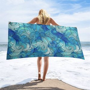 Aperturee Abstract Blue Waves Print Custom Name Beach Towel, 22x42in(55x105cm), 13.52 USD, name beach towels, XQTD1X30-S