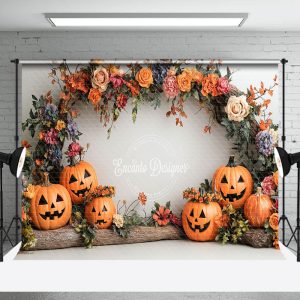 Aperturee Arch Floral Trunk Pumpkins Halloween Photo Backdrop - Aperturee
