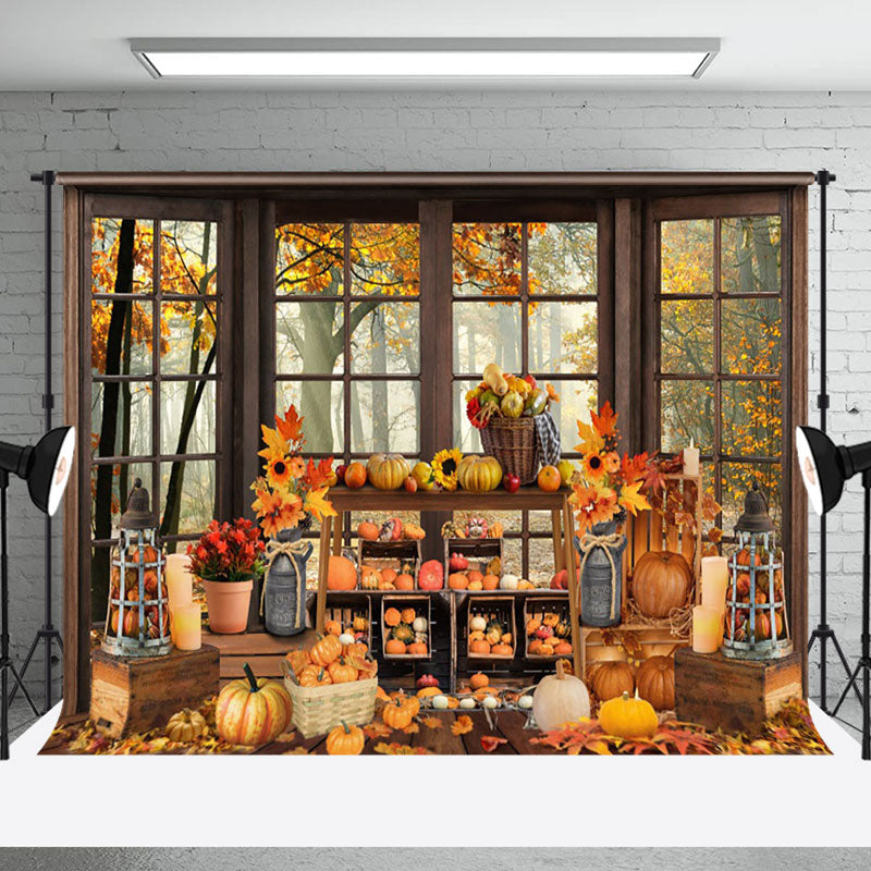 Aperturee Autumn Harvest Window Maple Forest Pumpkins Backdrop - Aperturee