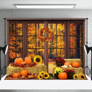 Aperturee Autumn Haystack Pumpkins Window Sunflower Backdrop - Aperturee