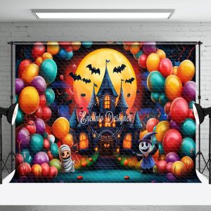 Aperturee Balloons Ghosts Bats Castle Moon Halloween Backdrop - Aperturee
