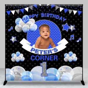 Aperturee Black Blue Balloons Corner Custom Birthday Backdrop - Aperturee