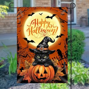 Aperturee Black Cat Pumpkins Moon Night Halloween Garden Flag - Aperturee