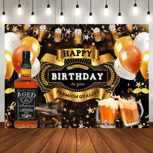 Aperturee Black Gold Balloons Beer Happy Birthday Backdrop - Aperturee