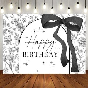 Aperturee Black White Bow Tie Floral Happy Birthday Backdrop - Aperturee