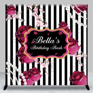 Aperturee Black White Stripe Floral Custom Birthday Backdrop - Aperturee