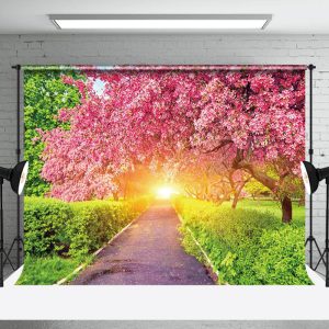 Aperturee Blossoming Pink Garden Path Sunlit Spring Backdrop | Spring Backdrop For Pictures | Spring Themed Backdrop | Spring Flower Backdrop