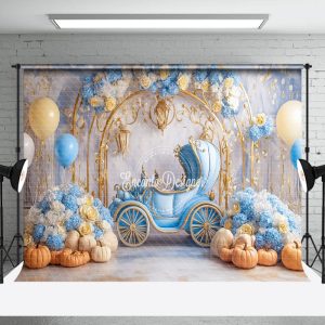 Aperturee Blue Carriage Floral Pumpkins Cake Smash Backdrop - Aperturee