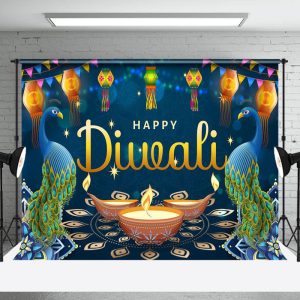Aperturee Blue Diyas Lanterns Sparkle Happy Diwali Backdrop - Aperturee