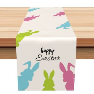 Aperturee Blue Green Pink Bunny Happy Easter Table Runner | Patterned Table Runner | Table Runner For Dining Table | Custom Table Cloth Runner
