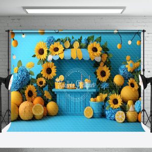 Aperturee Blue Lemonade Stand Sunflower Summer Photo Backdrop - Aperturee