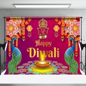 Aperturee Blue Peacock Green Leaves Bunga Malai Diwali Backdrop - Aperturee