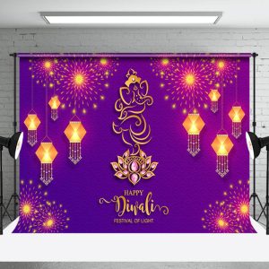 Aperturee Blue Peacock Mandala Lantern Diyas Diwali Backdrop - Aperturee