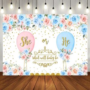 Aperturee Blue Pink Floral Balloons Gender Reveal Backdrop