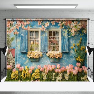 Aperturee Blue Rural Garden House Spring Floral Scene Backdrop | Diy Spring Photo Backdrop | Spring Themed Backdrop | Spring Backdrops For Photography