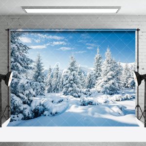 Aperturee Blue Sky Snowy Pine Forest Winter Photo Backdrop - Aperturee