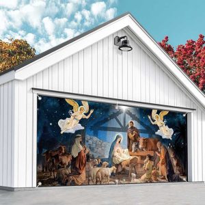 Aperturee Blue Starry Night Shed Nativity Garage Door Banner