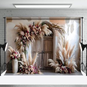 Aperturee Boho Hay Floral Retro Wooden Door Photo Backdrop