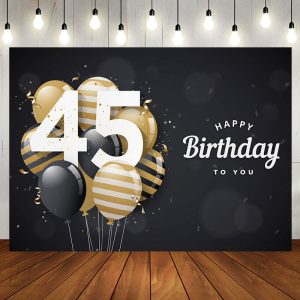 Aperturee Bokeh Balloons Black Happy 45th Birthday Backdrop - Aperturee