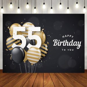 Aperturee Bokeh Balloons Black Happy 55th Birthday Backdrop - Aperturee