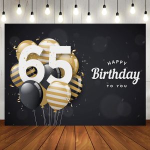 Aperturee Bokeh Balloons Black Happy 65th Birthday Backdrop - Aperturee