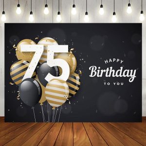 Aperturee Bokeh Balloons Black Happy 75th Birthday Backdrop - Aperturee