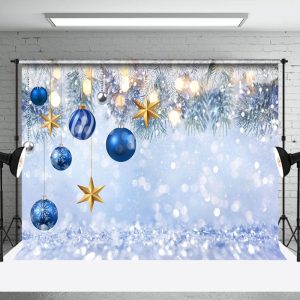Aperturee Bokeh Snowflake Blue Christmas Balls Photo Backdrop - Aperturee