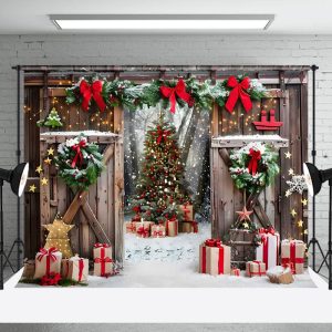 Aperturee Bow Swap Decorated Barn Door Christmas Backdrop